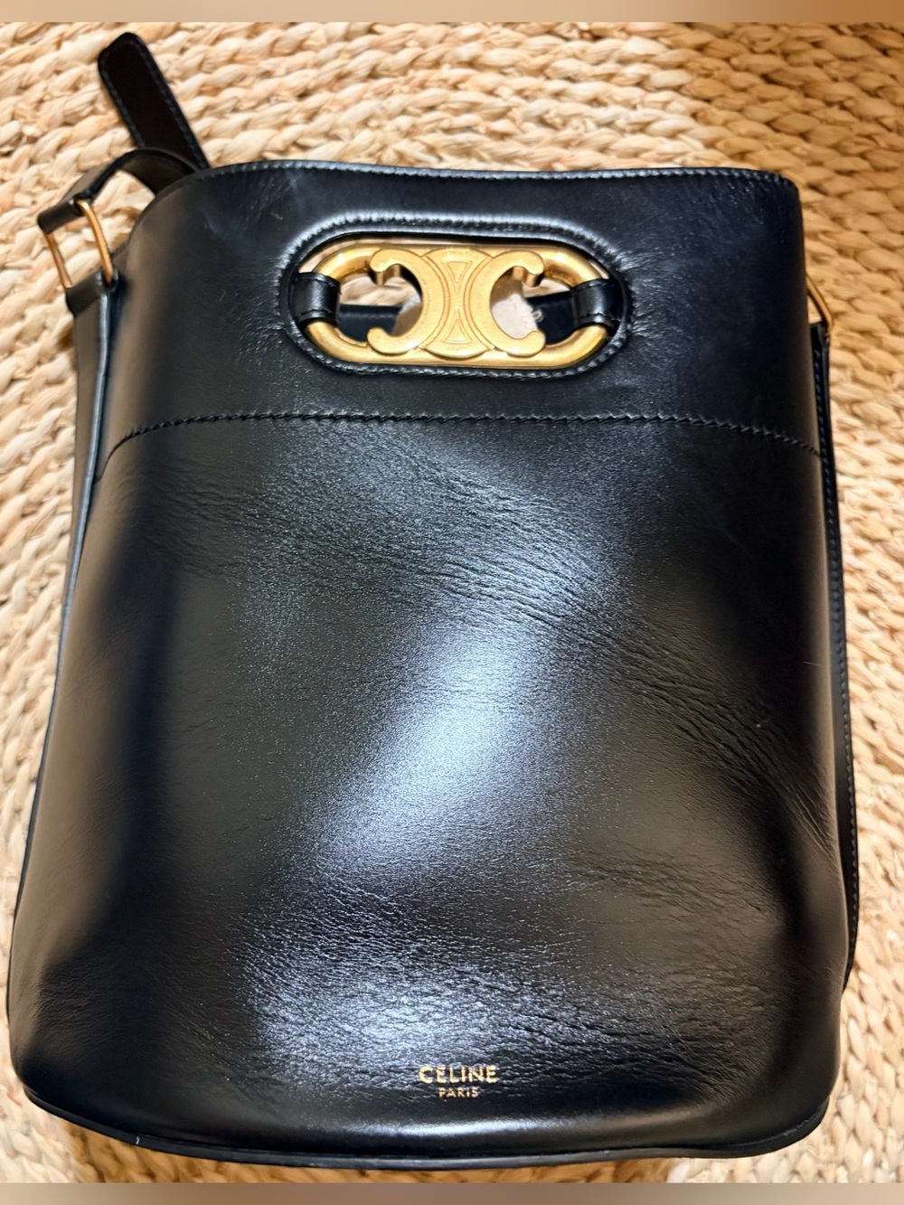 Celine Satinated Calfskin Maillon Triomphe Bucket Bag black